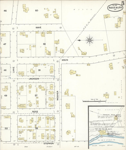 Sanborn Fire Insurance Map from Roseburg, Douglas County, Oregon (1890), Sheet #0005 - Historic Sanborn Fire Insurance Map Print, vintage old map wall art, antique decor, genealogy gift, Oregon Oregon map