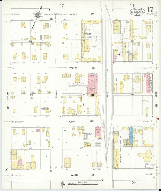 Sanborn Fire Insurance Map from Cheyenne, Laramie County, Wyoming (1912), Sheet #0017 - Historic Sanborn Fire Insurance Map Print, vintage old map wall art, antique decor, genealogy gift, Wyoming Wyoming map