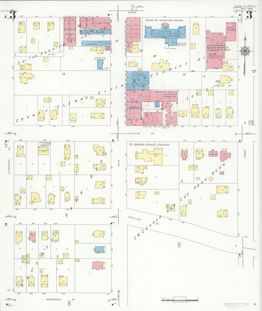 Sanborn Fire Insurance Map from Glen Ellyn, Du Page County, Illinois (1940), Sheet #0003 - Historic Sanborn Fire Insurance Map Print, vintage old map wall art, antique decor, genealogy gift, Illinois Illinois map