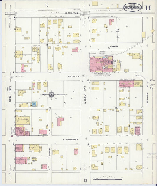 Sanborn Fire Insurance Map from Cape Girardeau, Cape Girardeau County, Missouri (1915), Sheet #0014 - Historic Sanborn Fire Insurance Map Print, vintage old map wall art, antique decor, genealogy gift, Missouri Missouri map