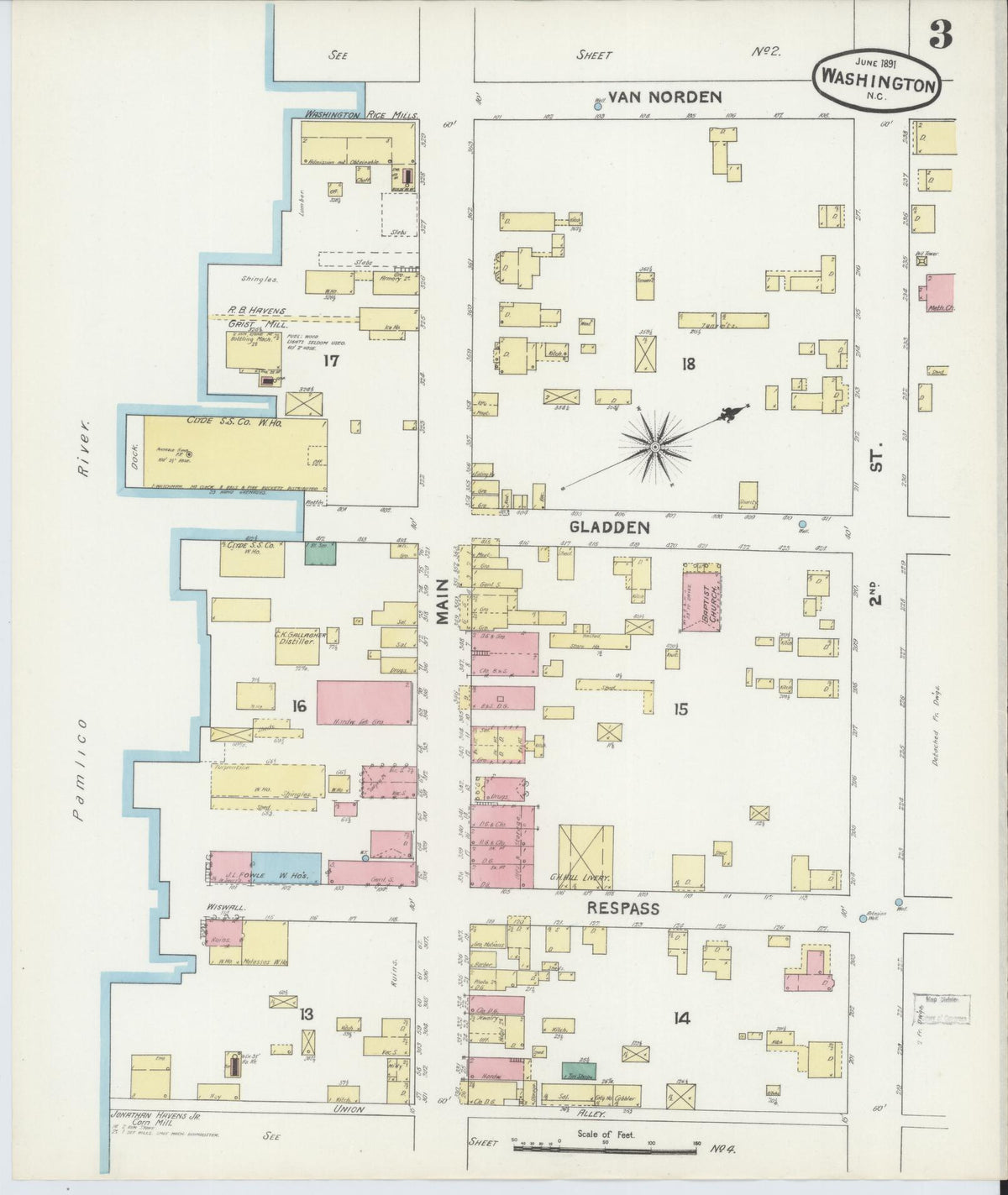Sanborn Fire Insurance Map from Washington, Beaufort County, North Carolina (1891), Sheet #0003 - Complete Map Set gallery image, historic Sanborn map, vintage wall art, Washington Washington