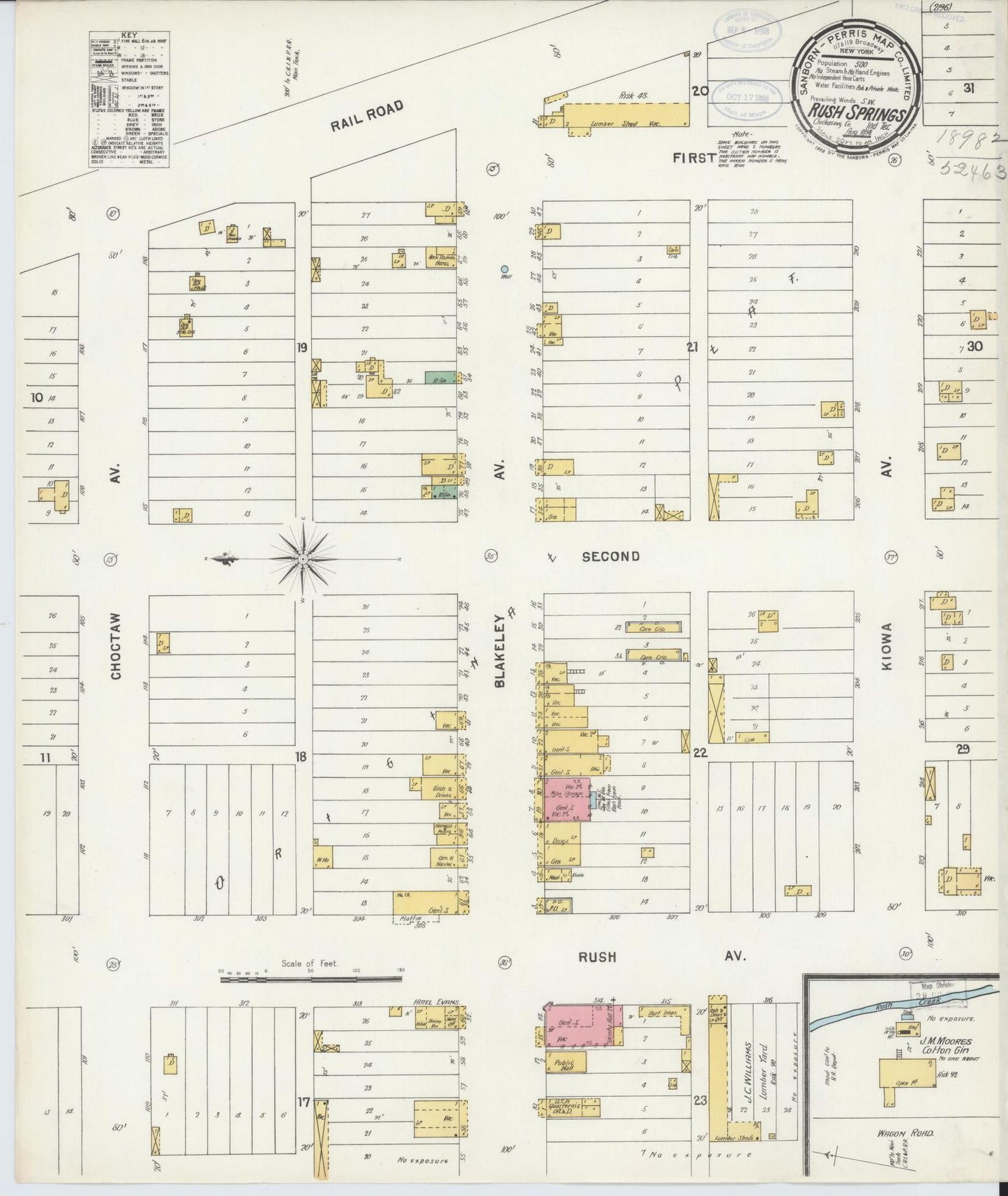 Sanborn Fire Insurance Map from Rush Springs, Grady County, Oklahoma (1898), Sheet #0001 - Historic Sanborn Fire Insurance Map Print, vintage old map wall art, antique decor, genealogy gift, Oklahoma Oklahoma map