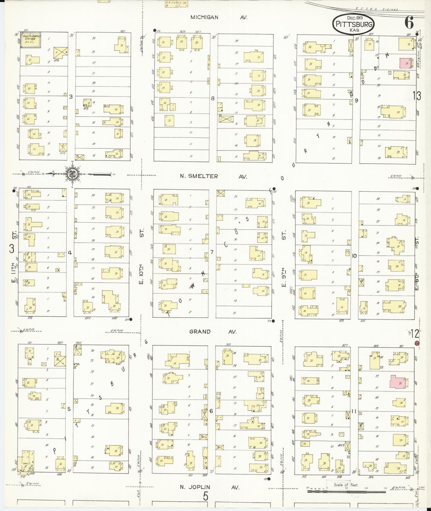 Sanborn Fire Insurance Map from Pittsburg, Crawford County, Kansas (1913), Sheet #0006 - Historic Sanborn Fire Insurance Map Print, vintage old map wall art, antique decor, genealogy gift, Kansas Kansas map