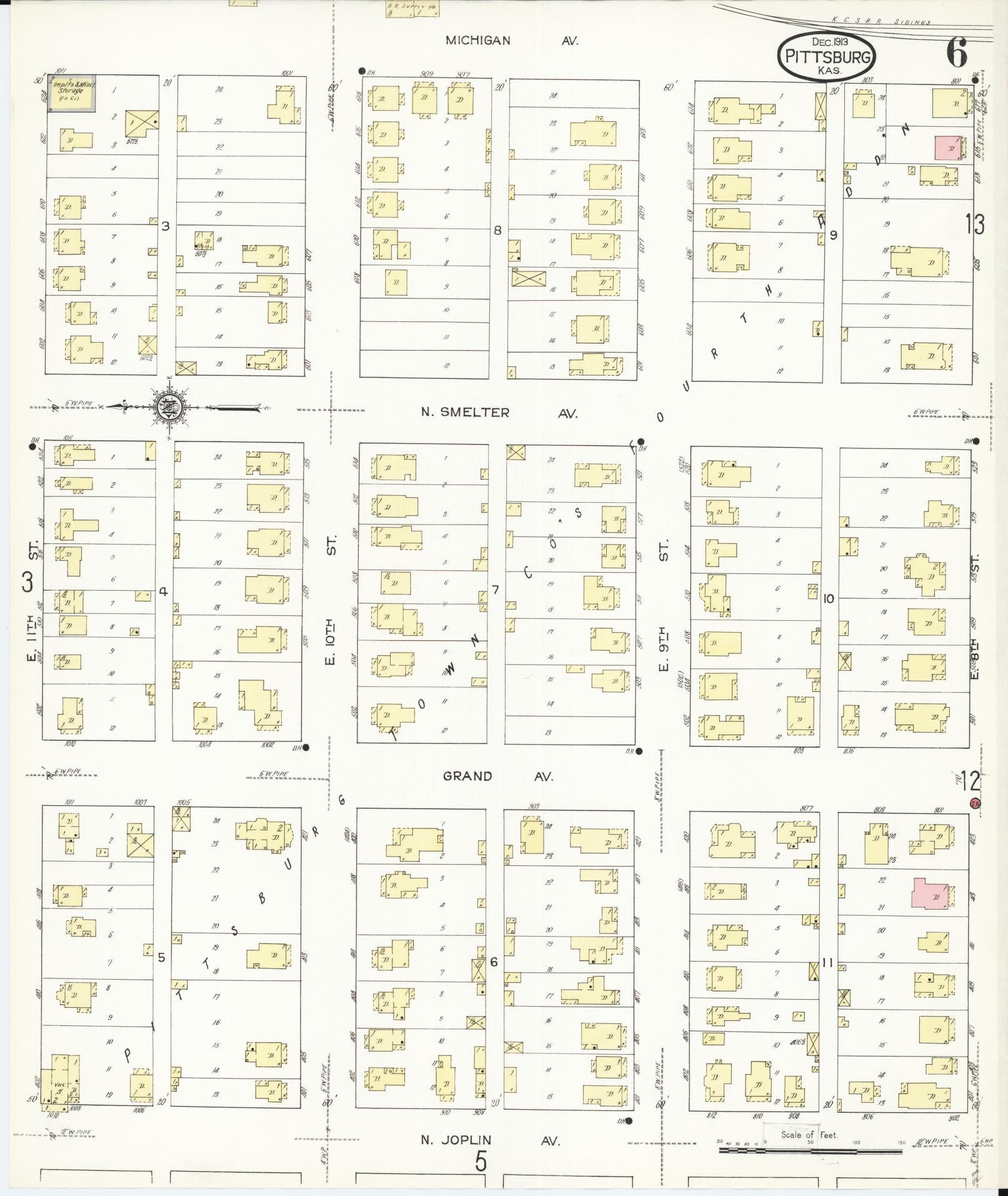 Sanborn Fire Insurance Map from Pittsburg, Crawford County, Kansas (1913), Sheet #0006 - Historic Sanborn Fire Insurance Map Print, vintage old map wall art, antique decor, genealogy gift, Kansas Kansas map