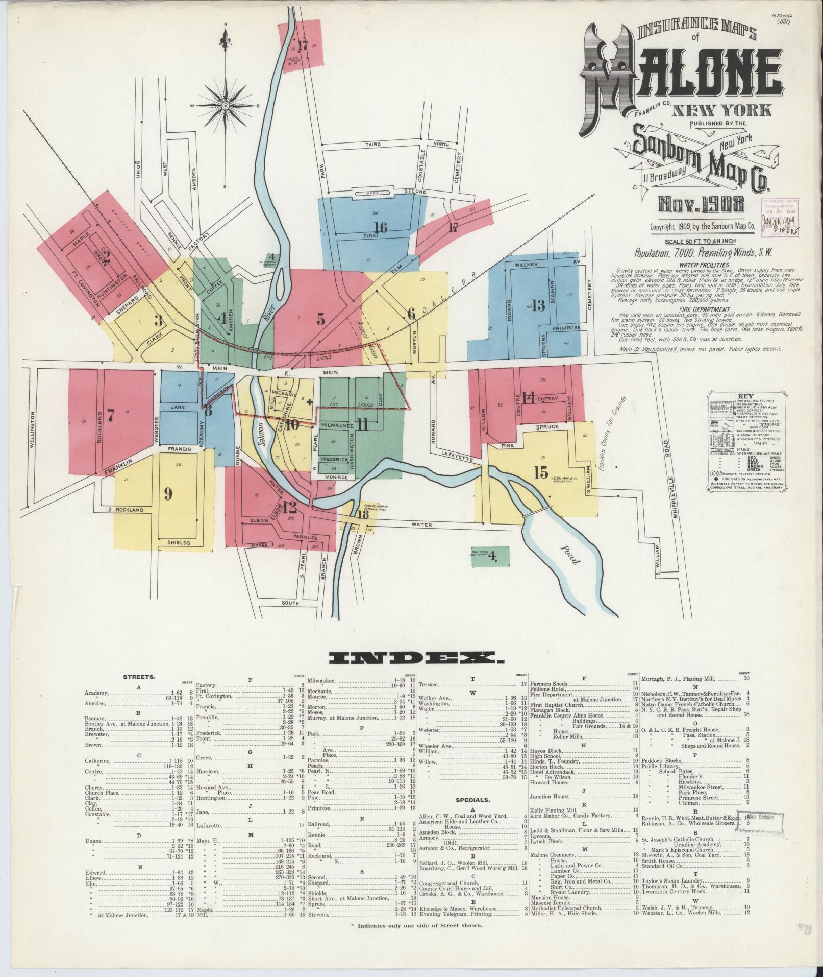 Sanborn Fire Insurance Map from Malone, Franklin County, New York. (1908) – Historic Sanborn Fire Insurance Map Print
