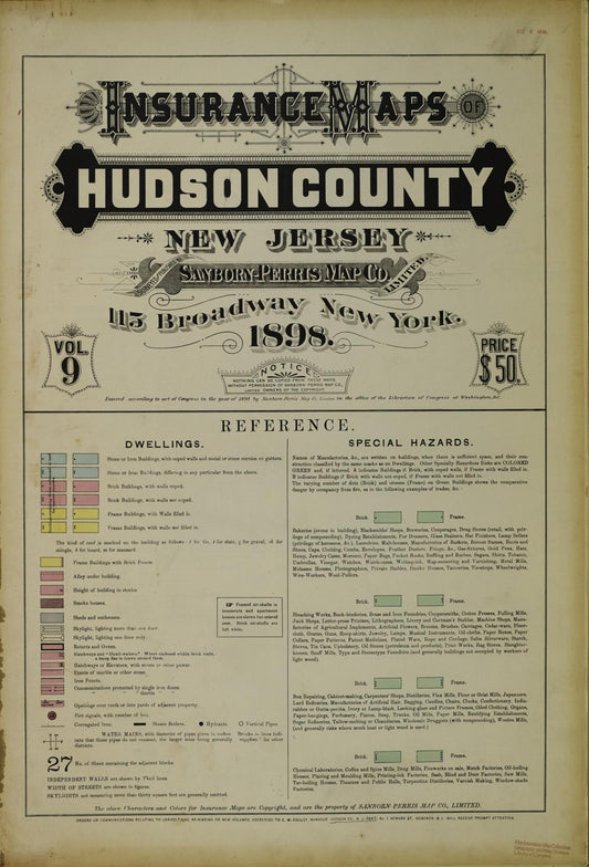 Sanborn Fire Insurance Map from Hudson Co., Hudson County, New Jersey (1898), Sheet #0001 - Historic Sanborn Fire Insurance Map Print, vintage old map wall art, antique decor, genealogy gift, New Jersey New Jersey map