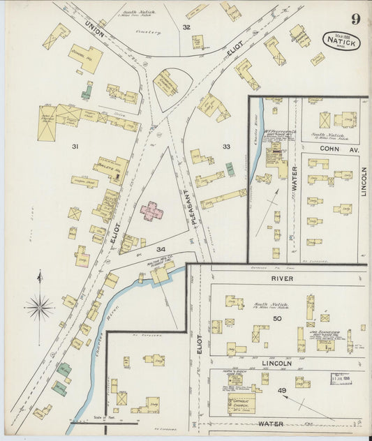 Sanborn Fire Insurance Map from Natick, Middlesex County, Massachusetts (1888), Sheet #0009 - Historic Sanborn Fire Insurance Map Print, vintage old map wall art, antique decor, genealogy gift, Massachusetts Massachusetts map