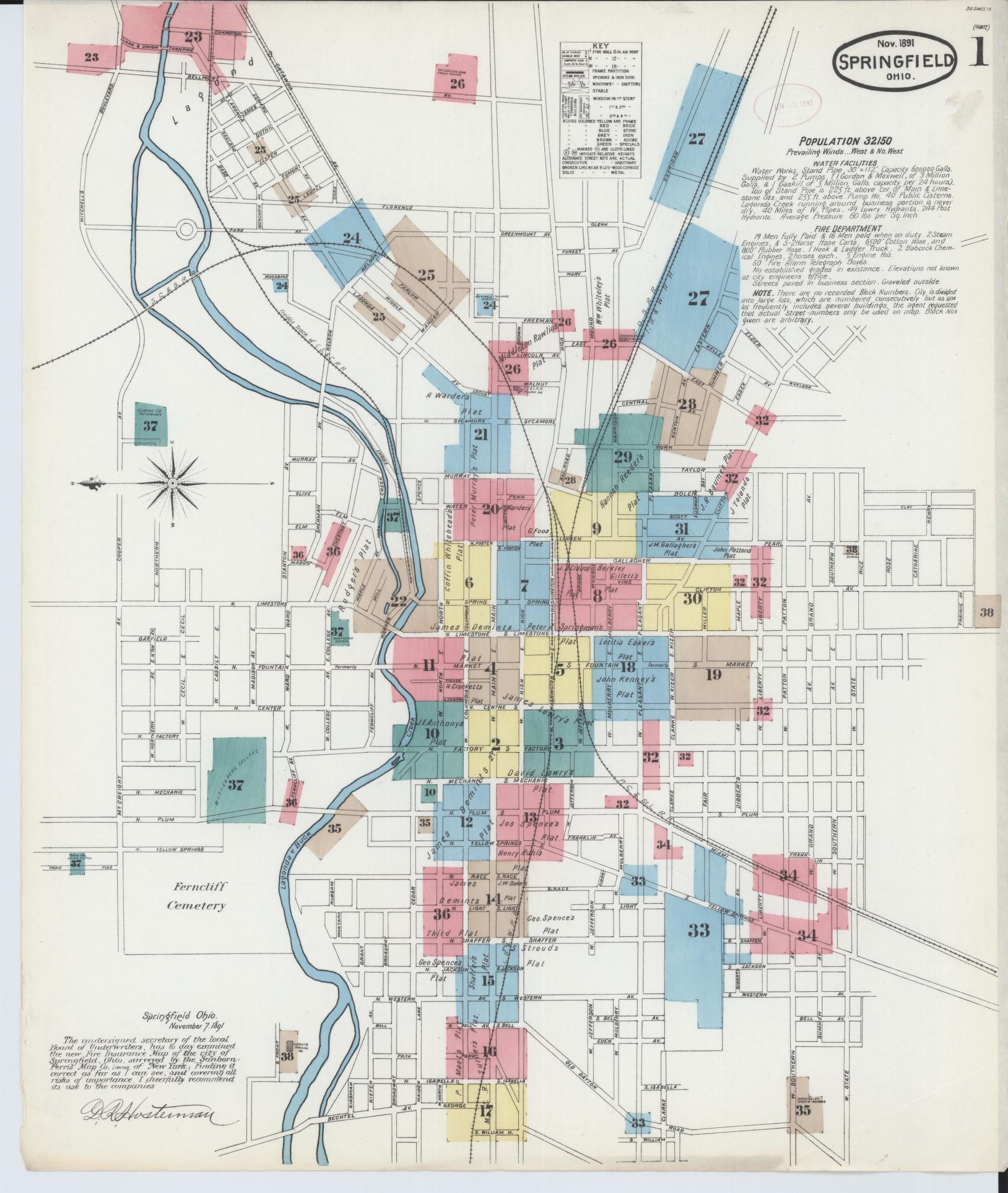 Sanborn Fire Insurance Map from Springfield, Clark County, Ohio (1891), Sheet #0001 - Complete Map Set gallery image, historic Sanborn map, vintage wall art, Ohio Ohio