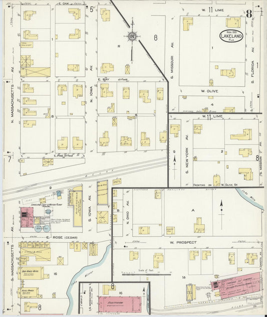 Sanborn Fire Insurance Map from Lakeland, Polk County, Florida (1913), Sheet #0008 - Historic Sanborn Fire Insurance Map Print, vintage old map wall art, antique decor, genealogy gift, Florida Florida map