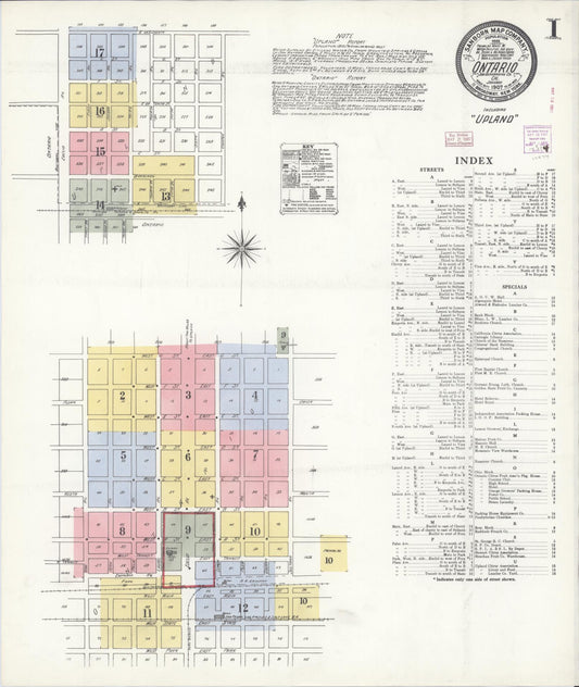 Sanborn Fire Insurance Map from Ontario, San Bernardino County, California (1907), Sheet #0001 - Complete Map Set gallery image, historic Sanborn map, vintage wall art, California California