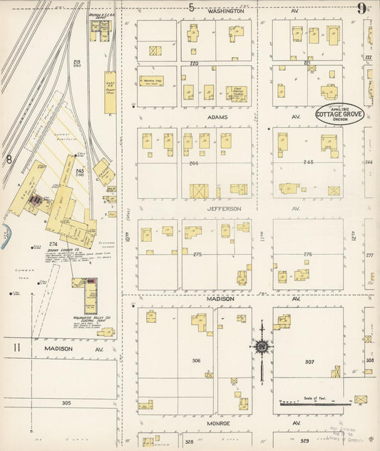 Sanborn Fire Insurance Map from Cottage Grove, Lane County, Oregon (1912), Sheet #0009 - Historic Sanborn Fire Insurance Map Print, vintage old map wall art, antique decor, genealogy gift, Oregon Oregon map
