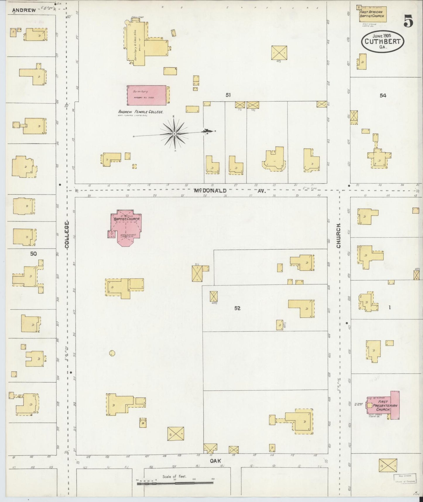 Sanborn Fire Insurance Map from Cuthbert, Randolph County, Georgia (1905), Sheet #0005 - Historic Sanborn Fire Insurance Map Print, vintage old map wall art, antique decor, genealogy gift, Georgia Georgia map