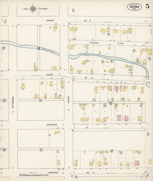 Sanborn Fire Insurance Map from Bozeman, Gallatin County, Montana (1912), Sheet #0005 - Historic Sanborn Fire Insurance Map Print, vintage old map wall art, antique decor, genealogy gift, Montana Montana map