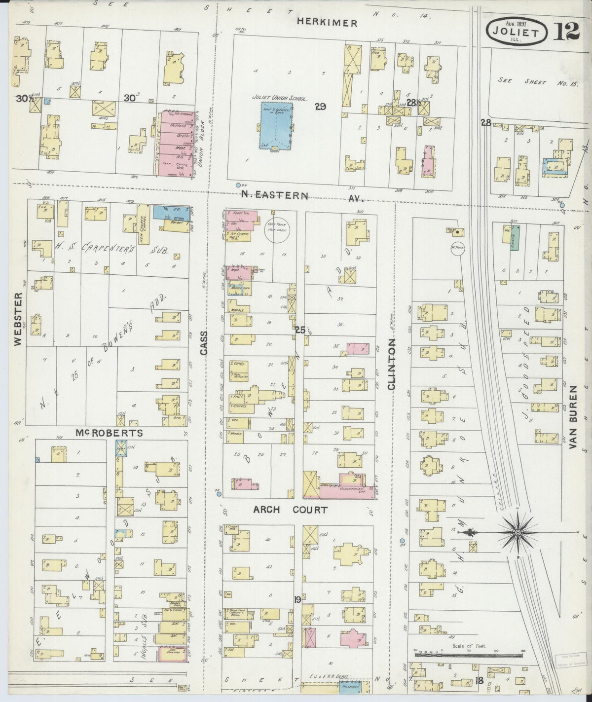 Sanborn Fire Insurance Map from Joliet, Will County, Illinois (1891), Sheet #0012 - Complete Map Set gallery image, historic Sanborn map, vintage wall art, Illinois Illinois