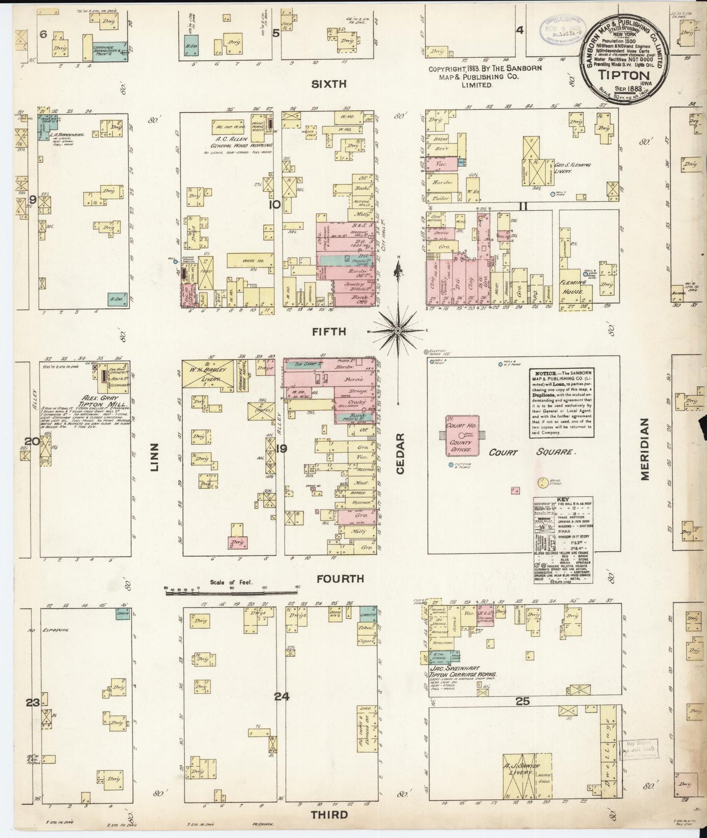 Sanborn Fire Insurance Map from Tipton, Cedar County, Iowa (1883), Sheet #0001 - Historic Sanborn Fire Insurance Map Print, vintage old map wall art