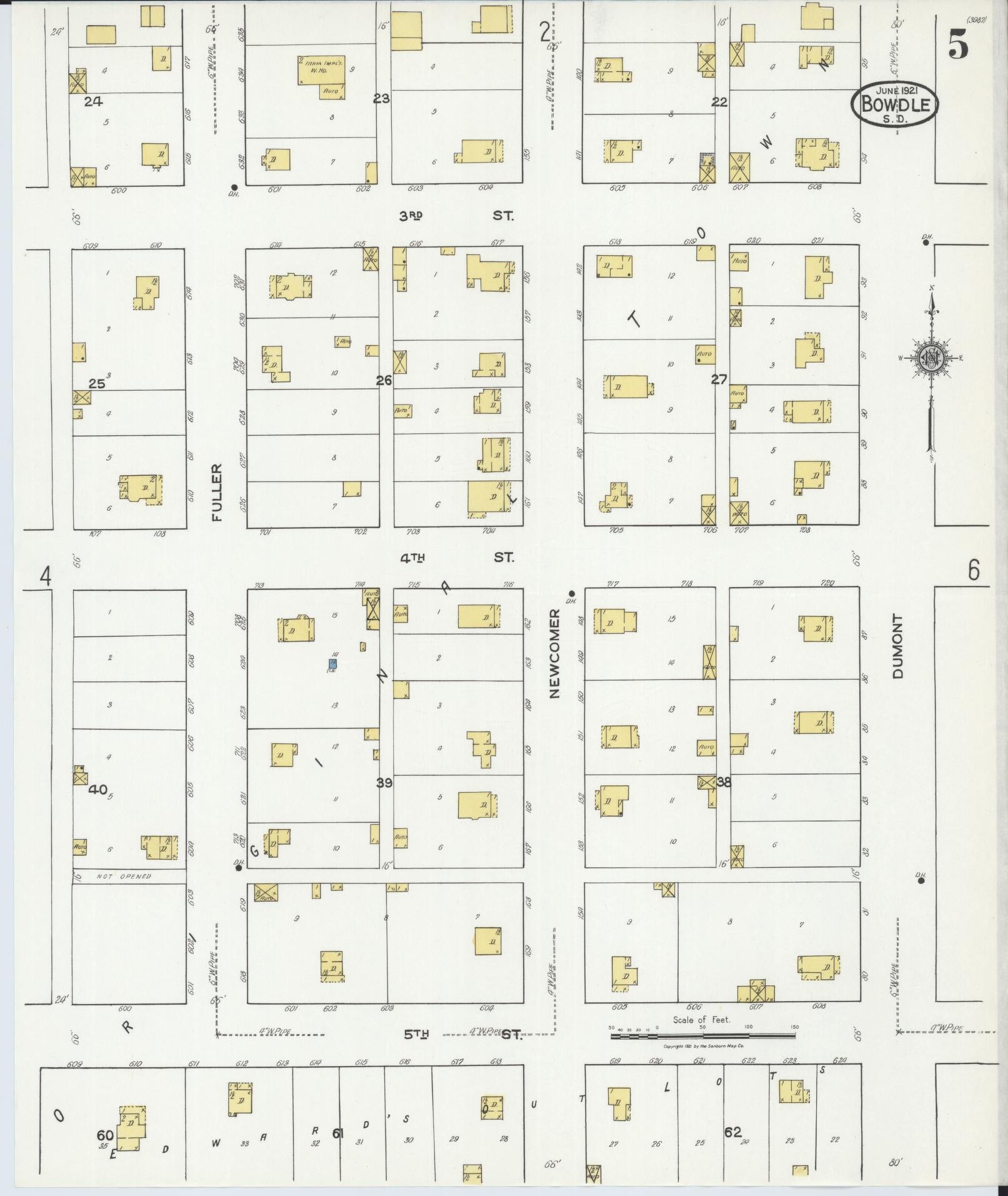 Sanborn Fire Insurance Map from Bowdle, Edmunds County, South Dakota (1921), Sheet #0005 - Historic Sanborn Fire Insurance Map Print, vintage old map wall art, antique decor, genealogy gift, South Dakota South Dakota map