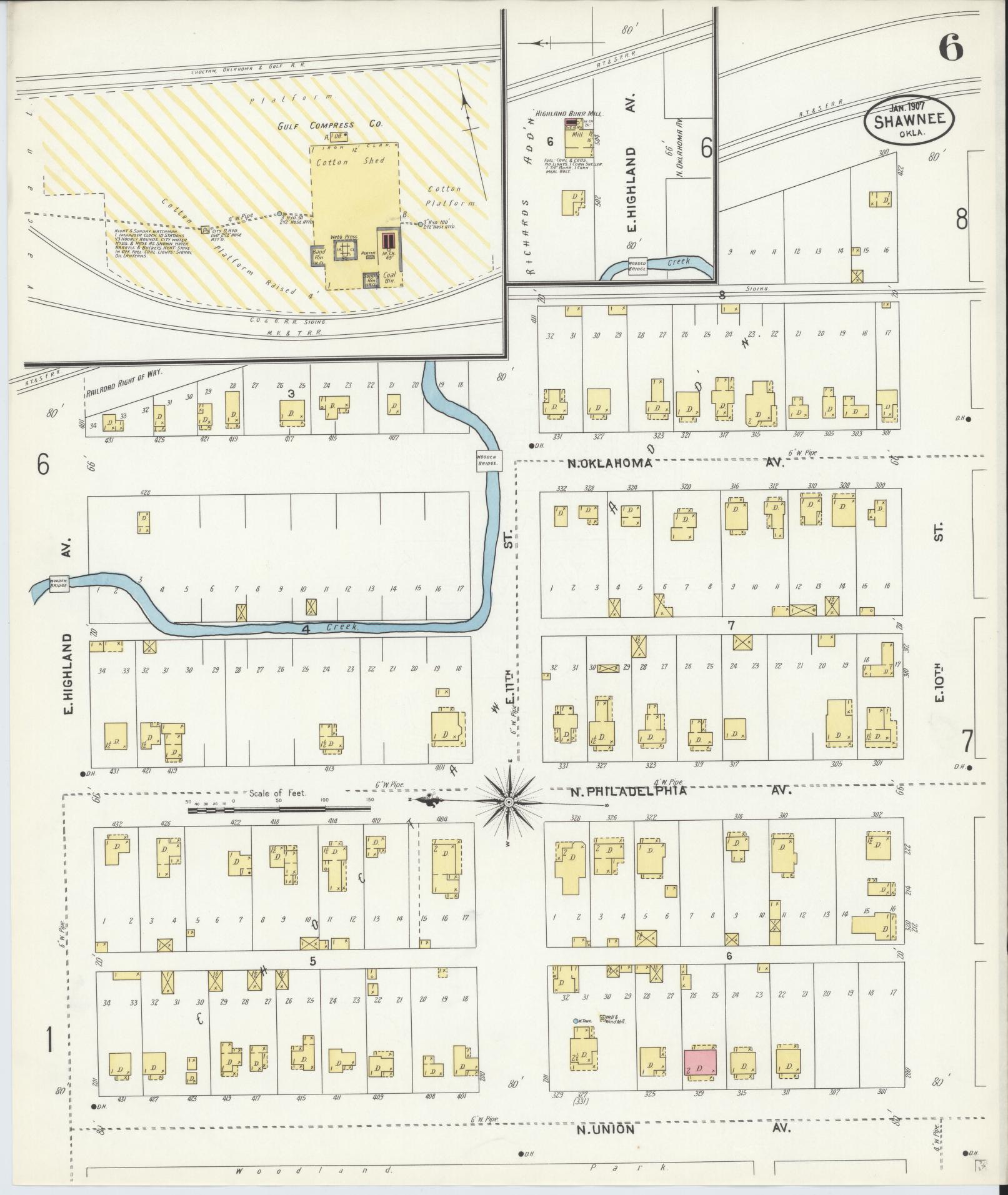 Sanborn Fire Insurance Map from Shawnee, Pottawatomie County, Oklahoma (1907), Sheet #0006 - Complete Map Set gallery image, historic Sanborn map, vintage wall art, Oklahoma Oklahoma