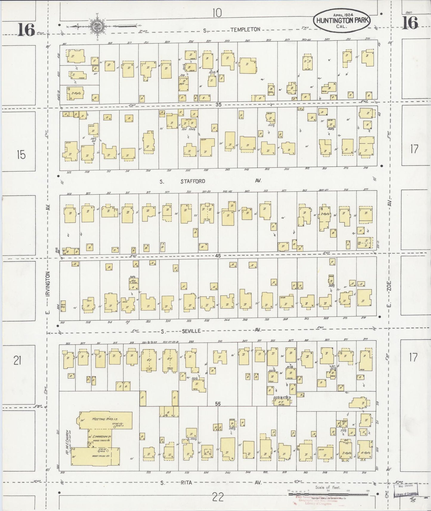 Sanborn Fire Insurance Map from Huntington Park, Los Angeles County, California (1924), Sheet #0016 - Historic Sanborn Fire Insurance Map Print, vintage old map wall art, antique decor, genealogy gift, California California map
