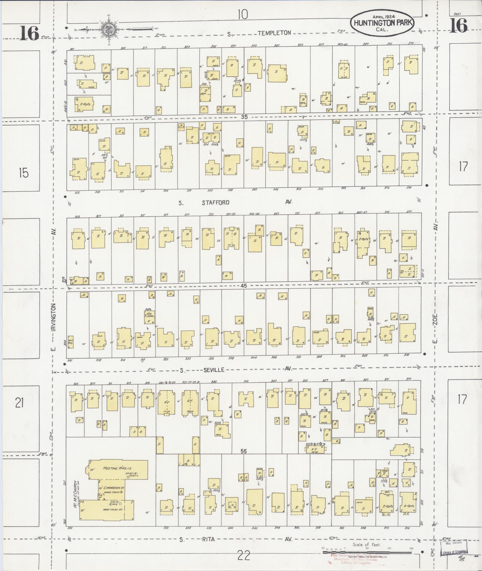 Sanborn Fire Insurance Map from Huntington Park, Los Angeles County, California (1924), Sheet #0016 - Historic Sanborn Fire Insurance Map Print, vintage old map wall art, antique decor, genealogy gift, California California map