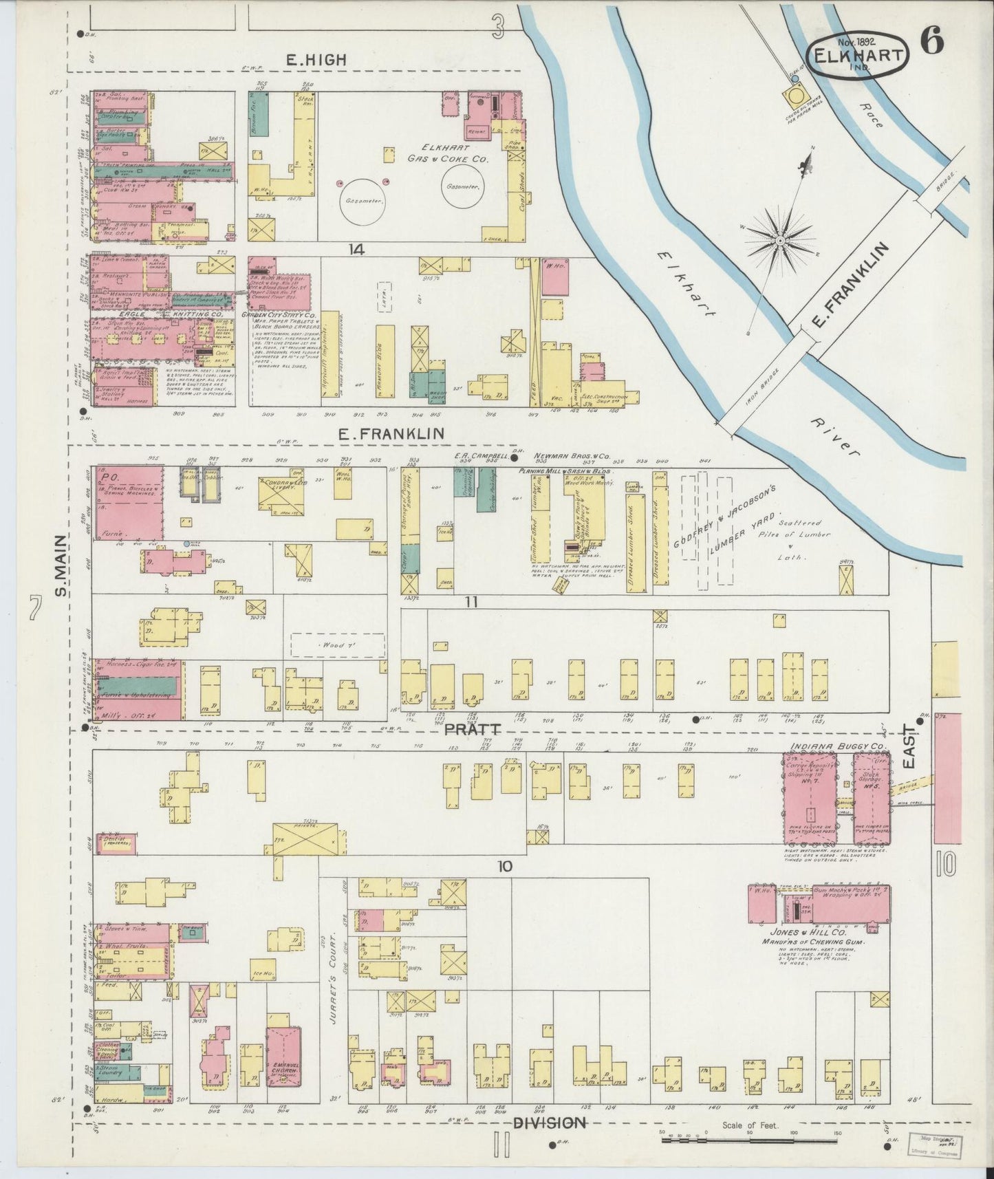 Sanborn Fire Insurance Map from Elkhart, Elkhart County, Indiana (1892), Sheet #0006 - Complete Map Set gallery image, historic Sanborn map, vintage wall art, Indiana Indiana