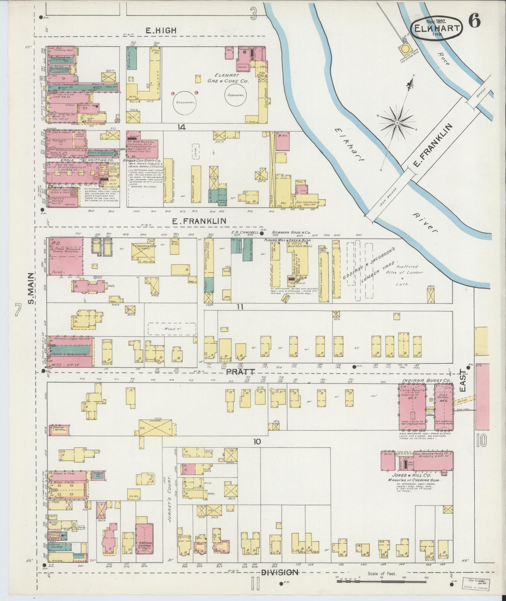 Sanborn Fire Insurance Map from Elkhart, Elkhart County, Indiana (1892), Sheet #0006 - Complete Map Set gallery image, historic Sanborn map, vintage wall art, Indiana Indiana