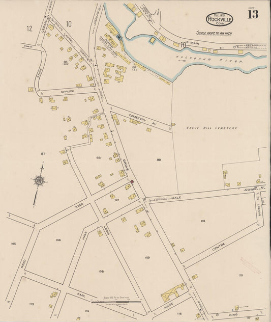 Sanborn Fire Insurance Map from Rockville, Tolland County, Connecticut (1921), Sheet #0013 - Historic Sanborn Fire Insurance Map Print, vintage old map wall art, antique decor, genealogy gift, Connecticut Connecticut map