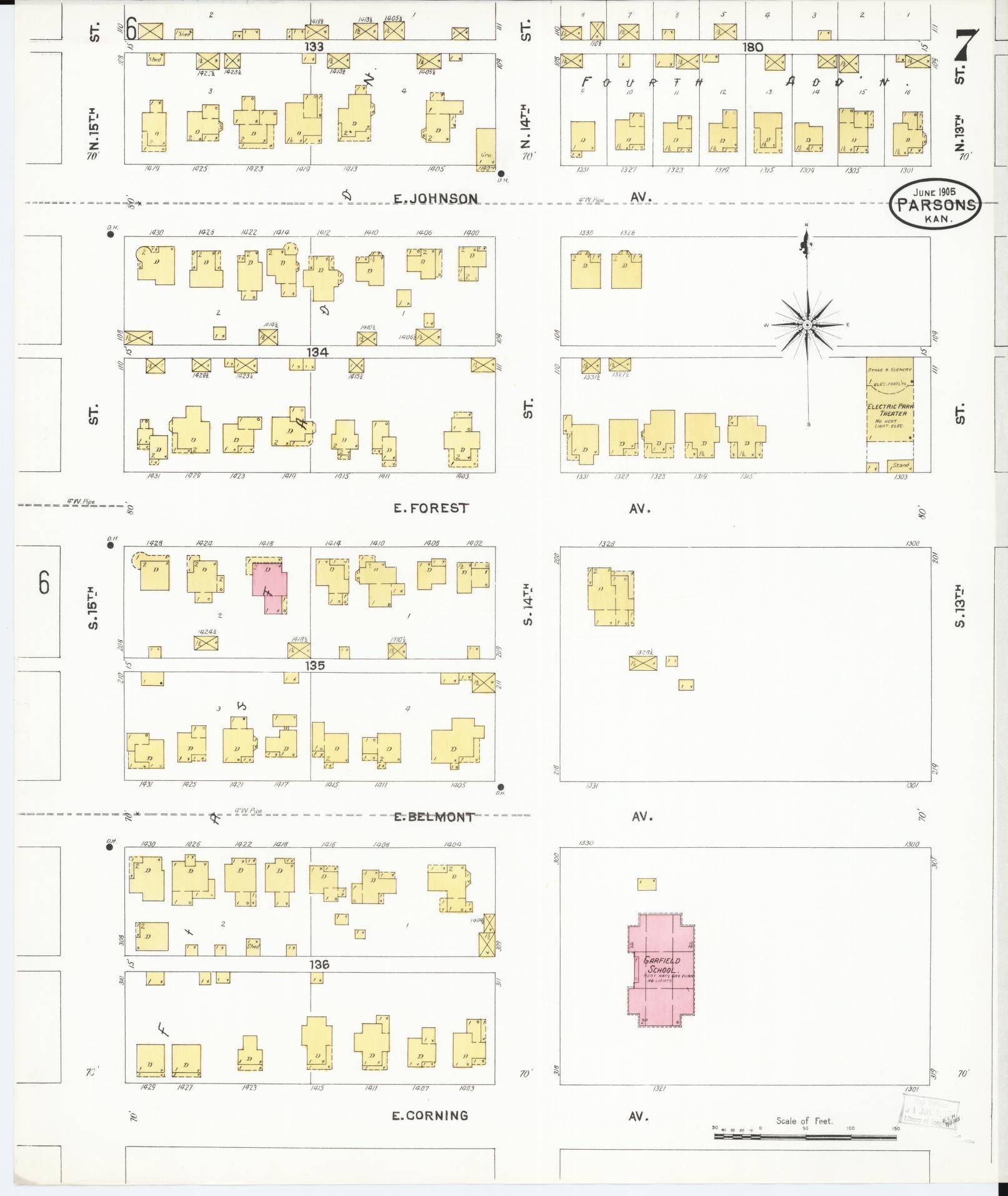 Sanborn Fire Insurance Map from Parsons, Labette County, Kansas (1905), Sheet #0007 - Complete Map Set gallery image, historic Sanborn map, vintage wall art, Kansas Kansas