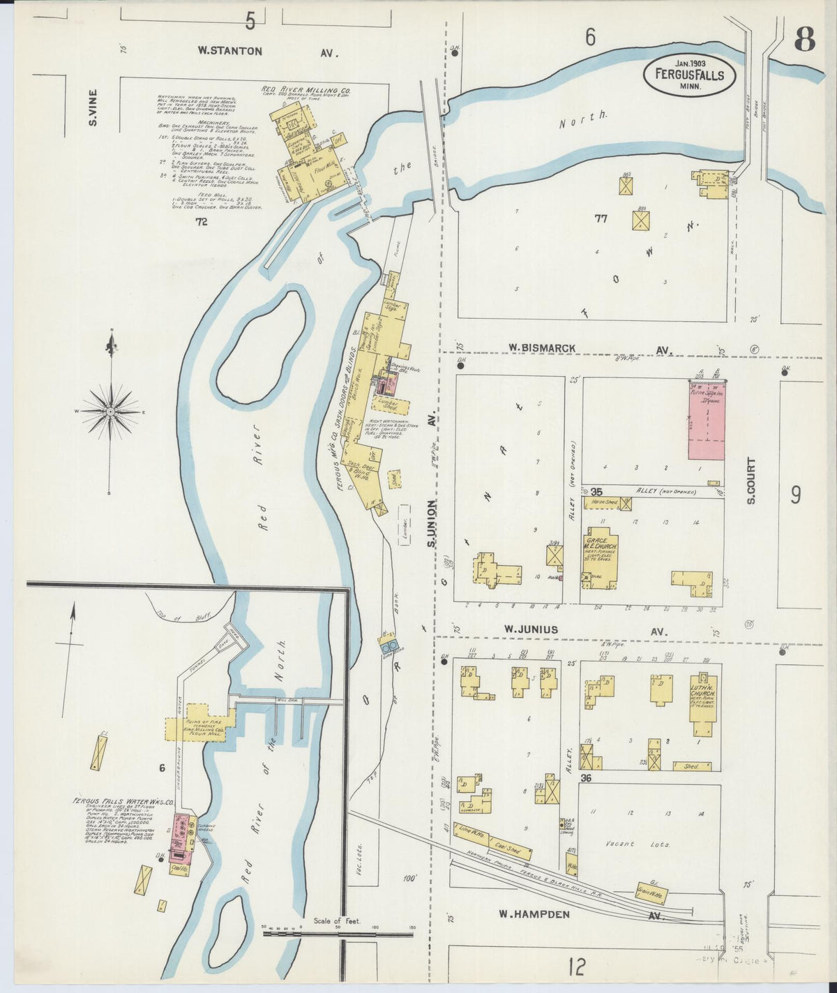 Sanborn Fire Insurance Map from Fergus Falls, Otter Tail County, Minnesota (1903), Sheet #0008 - Historic Sanborn Fire Insurance Map Print, vintage old map wall art, antique decor, genealogy gift, Minnesota Minnesota map