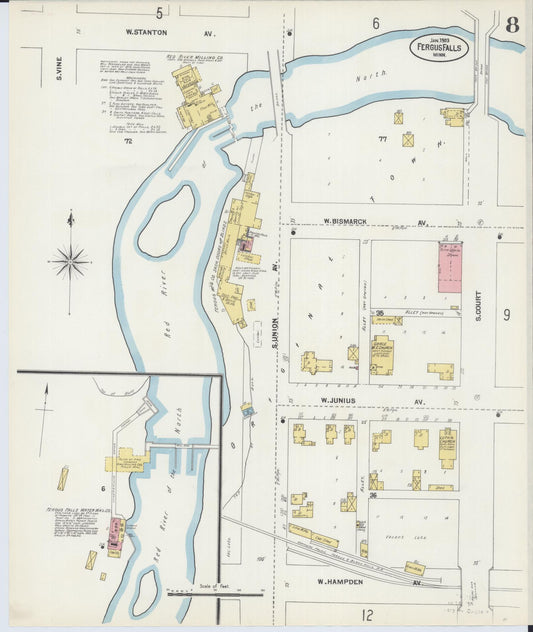 Sanborn Fire Insurance Map from Fergus Falls, Otter Tail County, Minnesota (1903), Sheet #0008 - Historic Sanborn Fire Insurance Map Print, vintage old map wall art, antique decor, genealogy gift, Minnesota Minnesota map