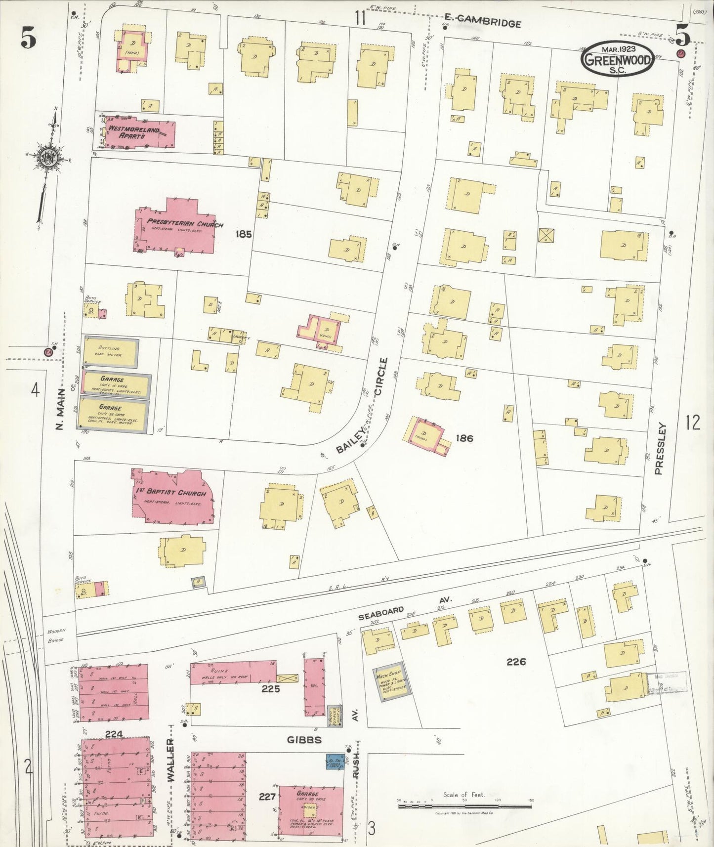 Sanborn Fire Insurance Map from Greenwood, Greenwood County, South Carolina (1923), Sheet #0005 - Complete Map Set gallery image, historic Sanborn map, vintage wall art, South Carolina South Carolina