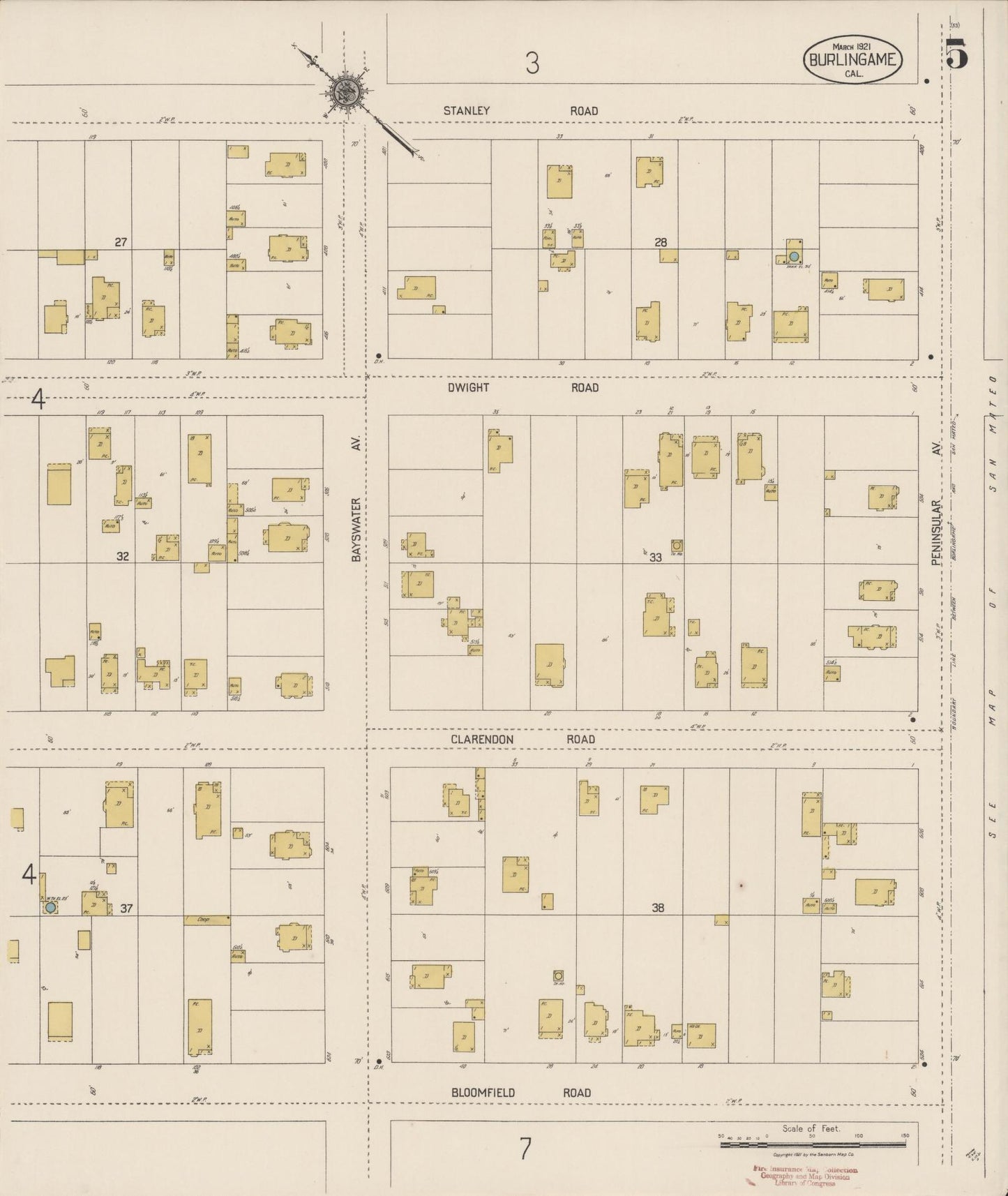 Sanborn Fire Insurance Map from Burlingame, San Mateo County, California (1921), Sheet #0005 - Historic Sanborn Fire Insurance Map Print, vintage old map wall art, antique decor, genealogy gift, California California map