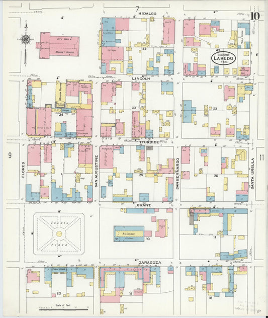 Sanborn Fire Insurance Map from Laredo, Webb County, Texas (1909), Sheet #0010 - Historic Sanborn Fire Insurance Map Print, vintage old map wall art, antique decor, genealogy gift, Texas Texas map