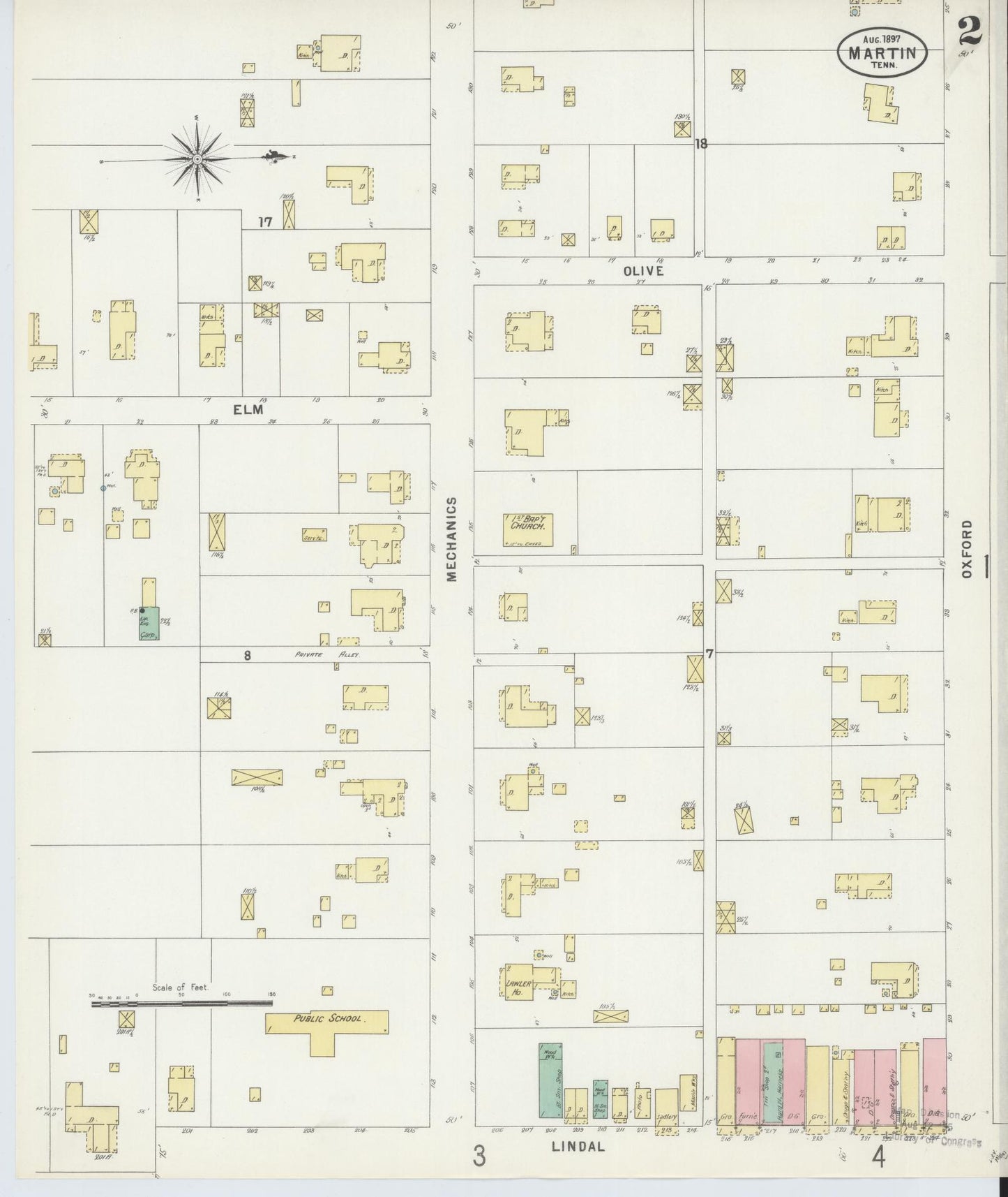 Sanborn Fire Insurance Map from Martin, Weakley County, Tennessee (1897), Sheet #0002 - Complete Map Set gallery image, historic Sanborn map, vintage wall art, Tennessee Tennessee