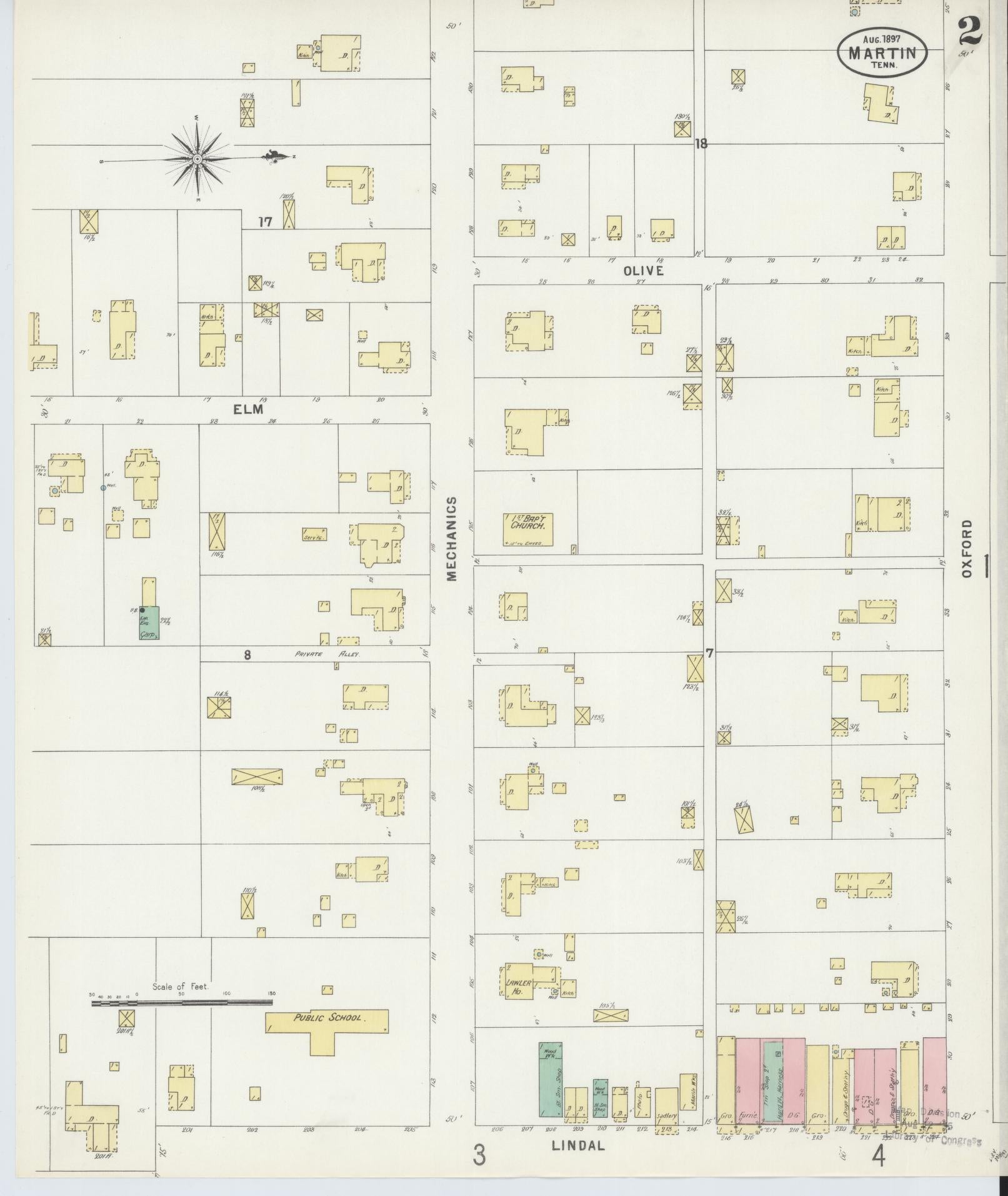 Sanborn Fire Insurance Map from Martin, Weakley County, Tennessee (1897), Sheet #0002 - Complete Map Set gallery image, historic Sanborn map, vintage wall art, Tennessee Tennessee