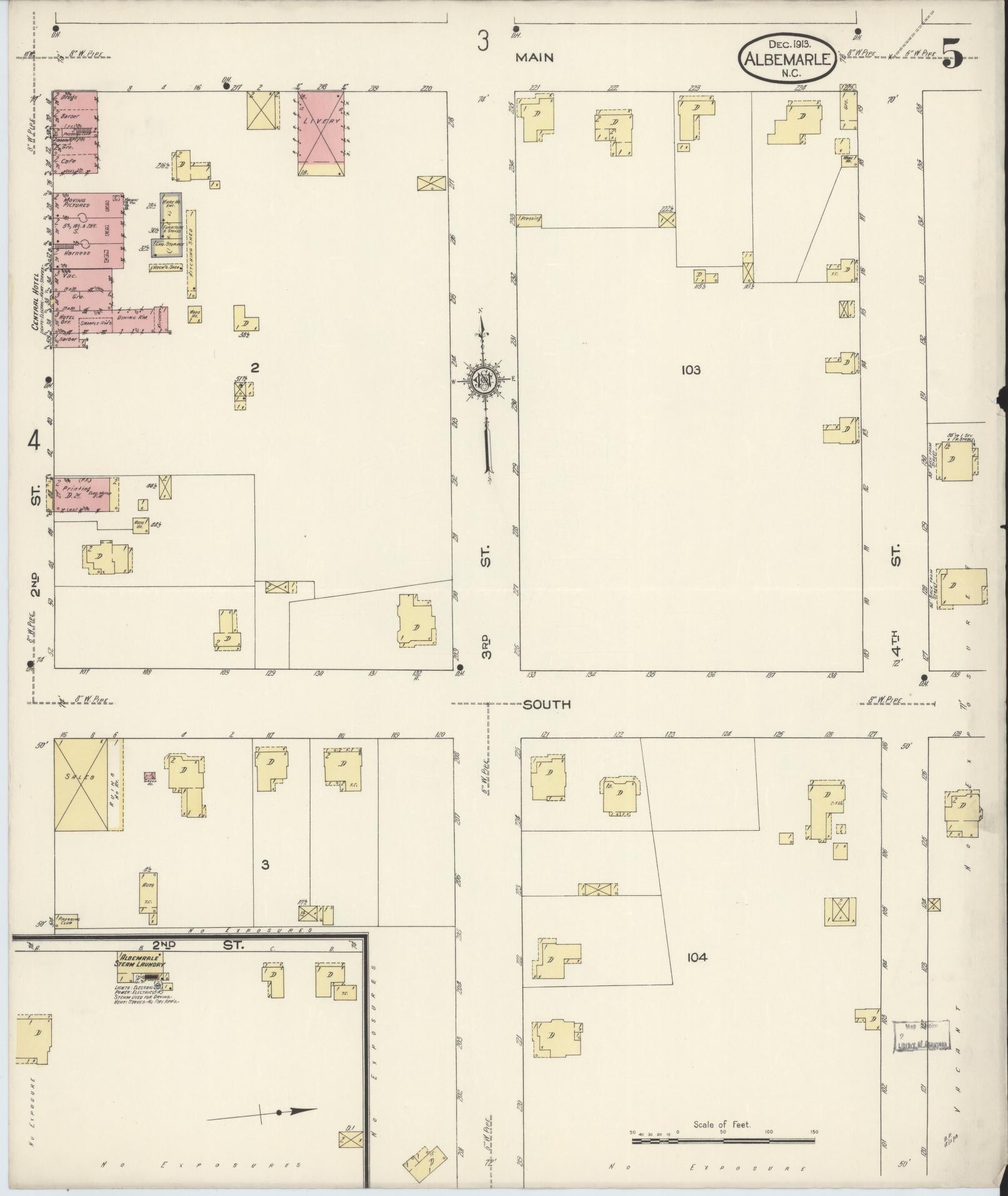 Sanborn Fire Insurance Map from Albemarle, Stanley County, North Carolina (1913), Sheet #0005 - Historic Sanborn Fire Insurance Map Print, vintage old map wall art, antique decor, genealogy gift, North Carolina North Carolina map