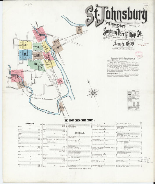Sanborn Fire Insurance Map from Saint Johnsbury, Caledonia County, Vermont (1895), Sheet #0001 - Historic Sanborn Fire Insurance Map Print, vintage old map wall art, antique decor, genealogy gift, Vermont Vermont map