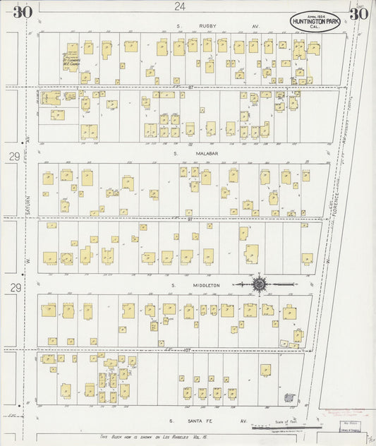 Sanborn Fire Insurance Map from Huntington Park, Los Angeles County, California (1924), Sheet #0030 - Historic Sanborn Fire Insurance Map Print, vintage old map wall art, antique decor, genealogy gift, California California map
