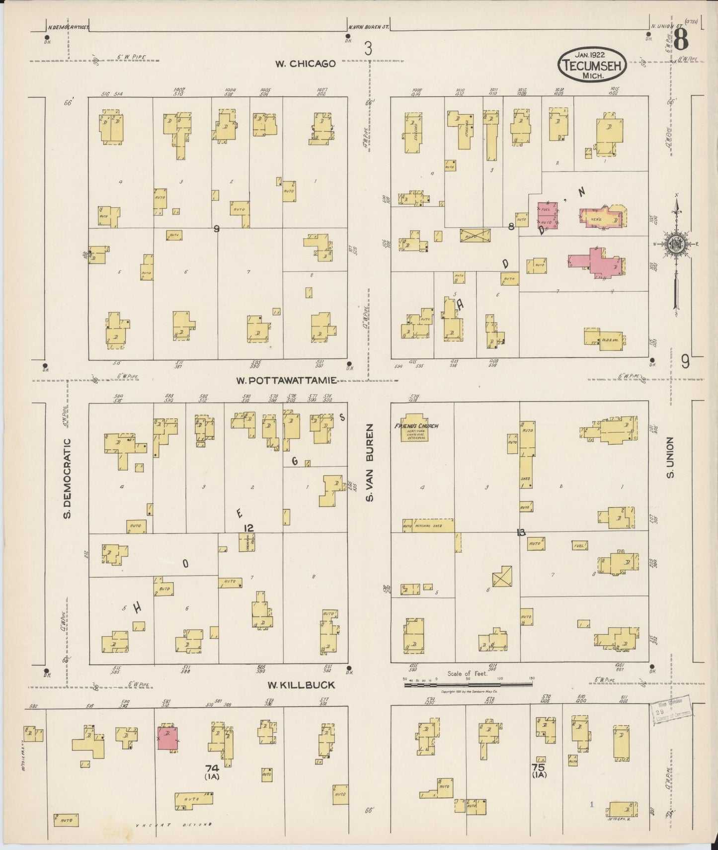 Sanborn Fire Insurance Map from Tecumseh, Lenawee County, Michigan (1922), Sheet #0008 - Historic Sanborn Fire Insurance Map Print, vintage old map wall art, antique decor, genealogy gift, Michigan Michigan map