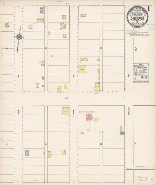 Sanborn Fire Insurance Map from Lancaster, Los Angeles County, California (1910), Sheet #0001 - Complete Map Set gallery image, historic Sanborn map, vintage wall art, California California
