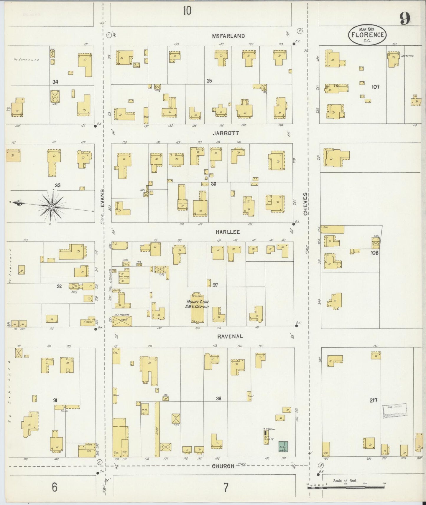 Sanborn Fire Insurance Map from Florence, Florence County, South Carolina (1903), Sheet #0009 - Complete Map Set gallery image, historic Sanborn map, vintage wall art, South Carolina South Carolina