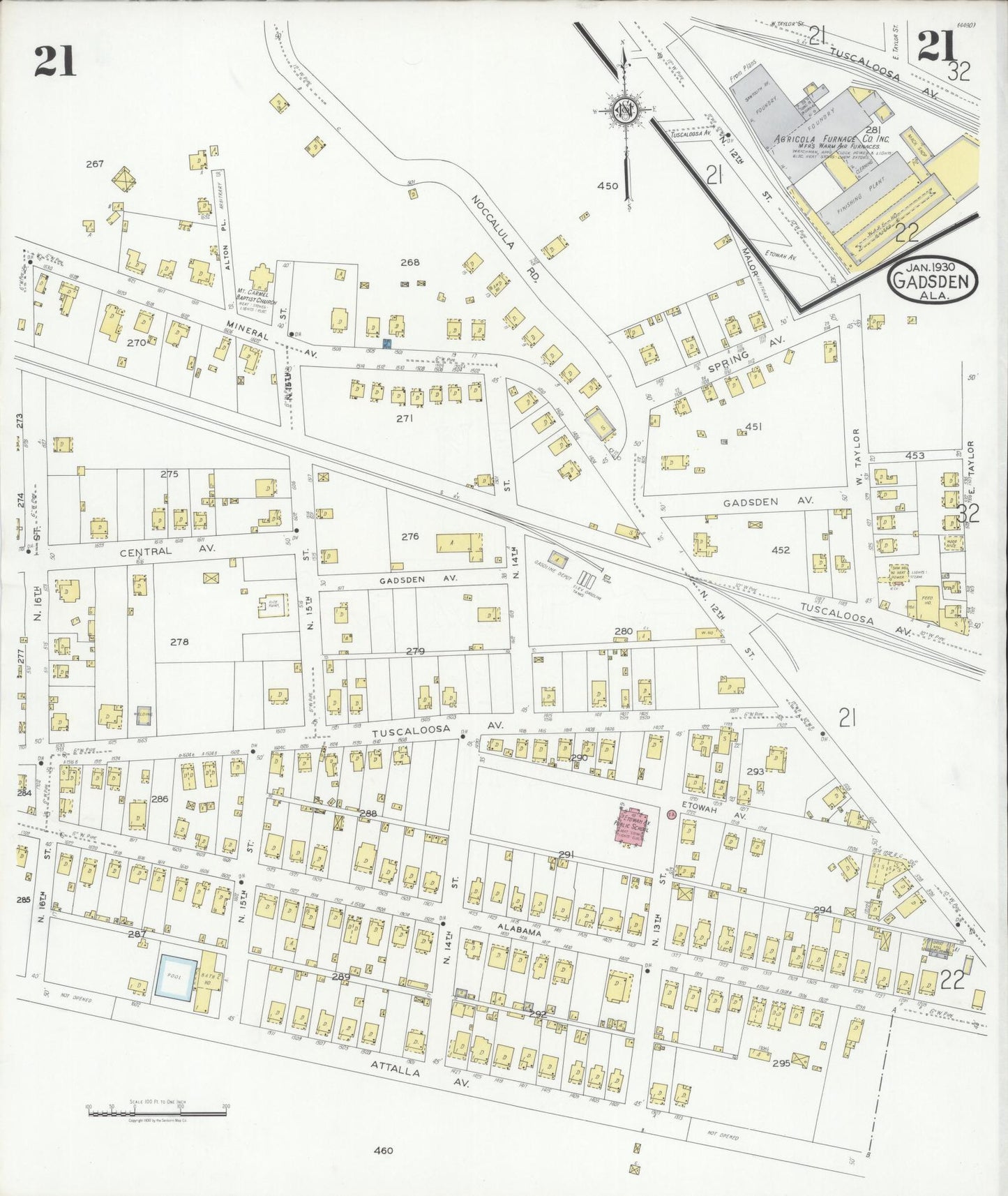 Sanborn Fire Insurance Map from Gadsden, Etowah County, Alabama (1930), Sheet #0021 - Complete Map Set gallery image, historic Sanborn map, vintage wall art, Alabama Alabama