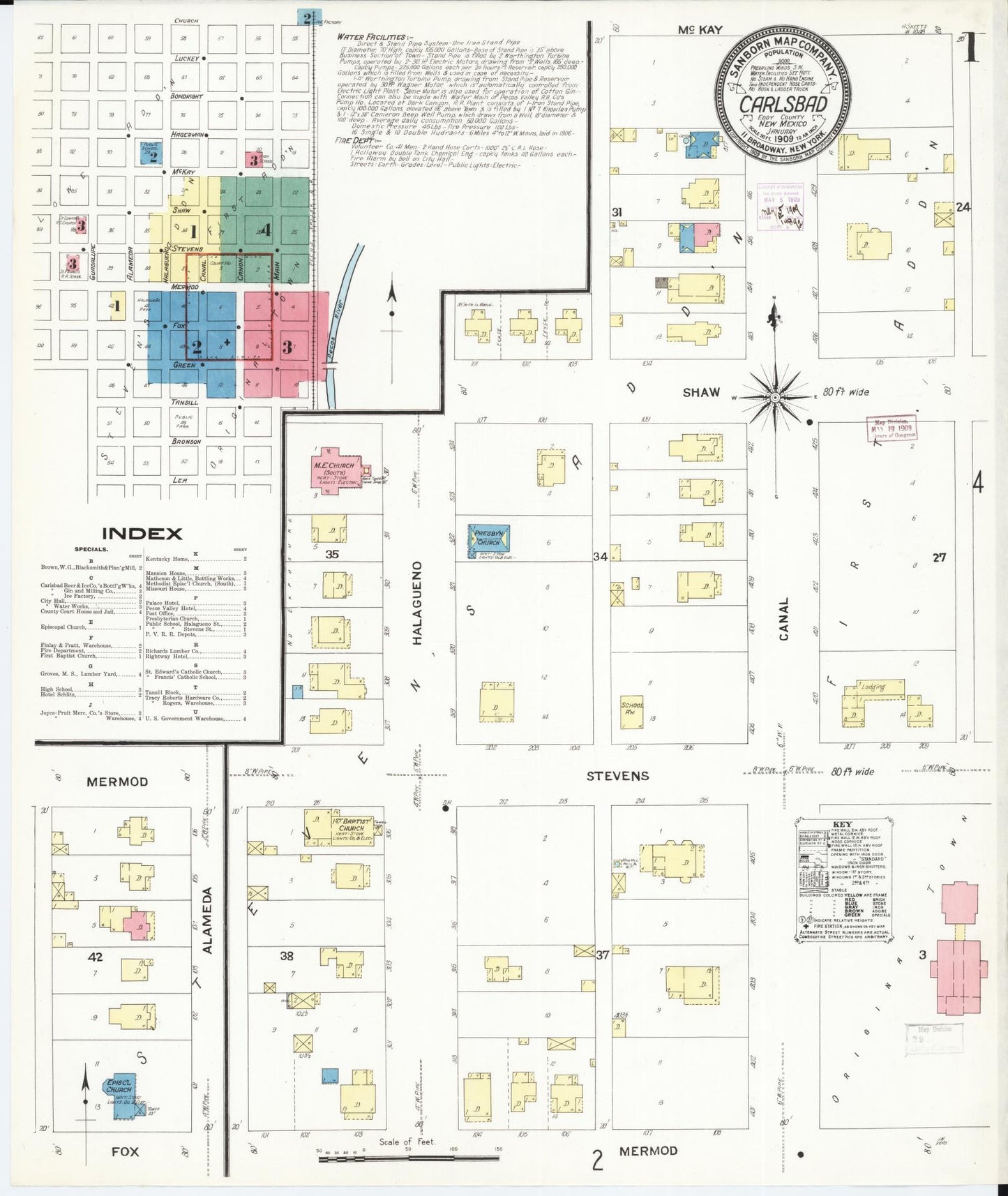 Sanborn Fire Insurance Map from Carlsbad, Eddy County, New Mexico (1909), Sheet #0001 - Complete Map Set gallery image, historic Sanborn map, vintage wall art, New Mexico New Mexico