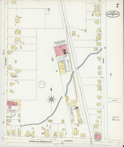 Sanborn Fire Insurance Map from Greensboro, Guilford County, North Carolina (1907), Sheet #0007 - Complete Map Set gallery image, historic Sanborn map, vintage wall art, North Carolina North Carolina