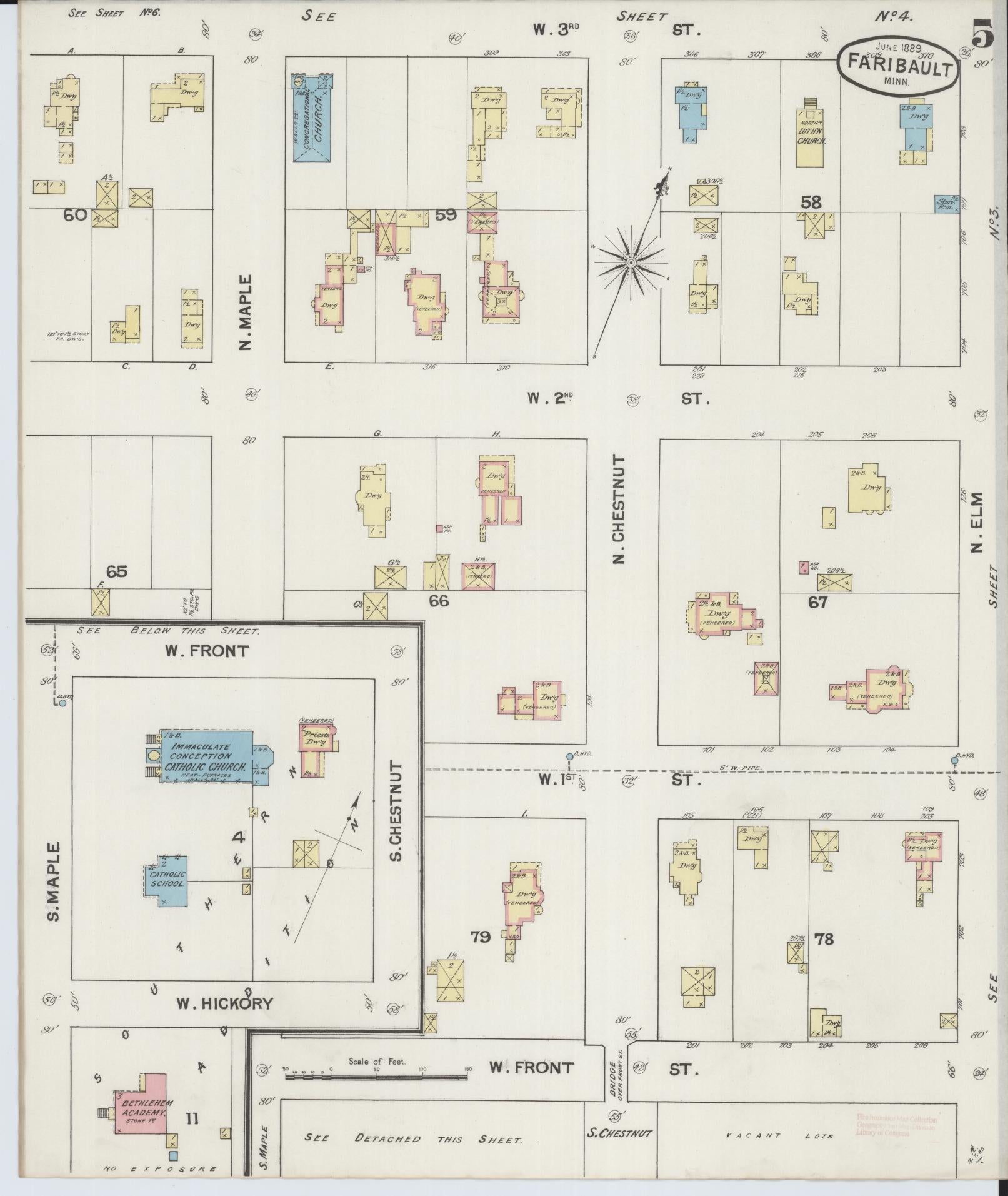 Sanborn Fire Insurance Map from Faribault, Rice County, Minnesota (1889), Sheet #0005 - Historic Sanborn Fire Insurance Map Print, vintage old map wall art, antique decor, genealogy gift, Minnesota Minnesota map