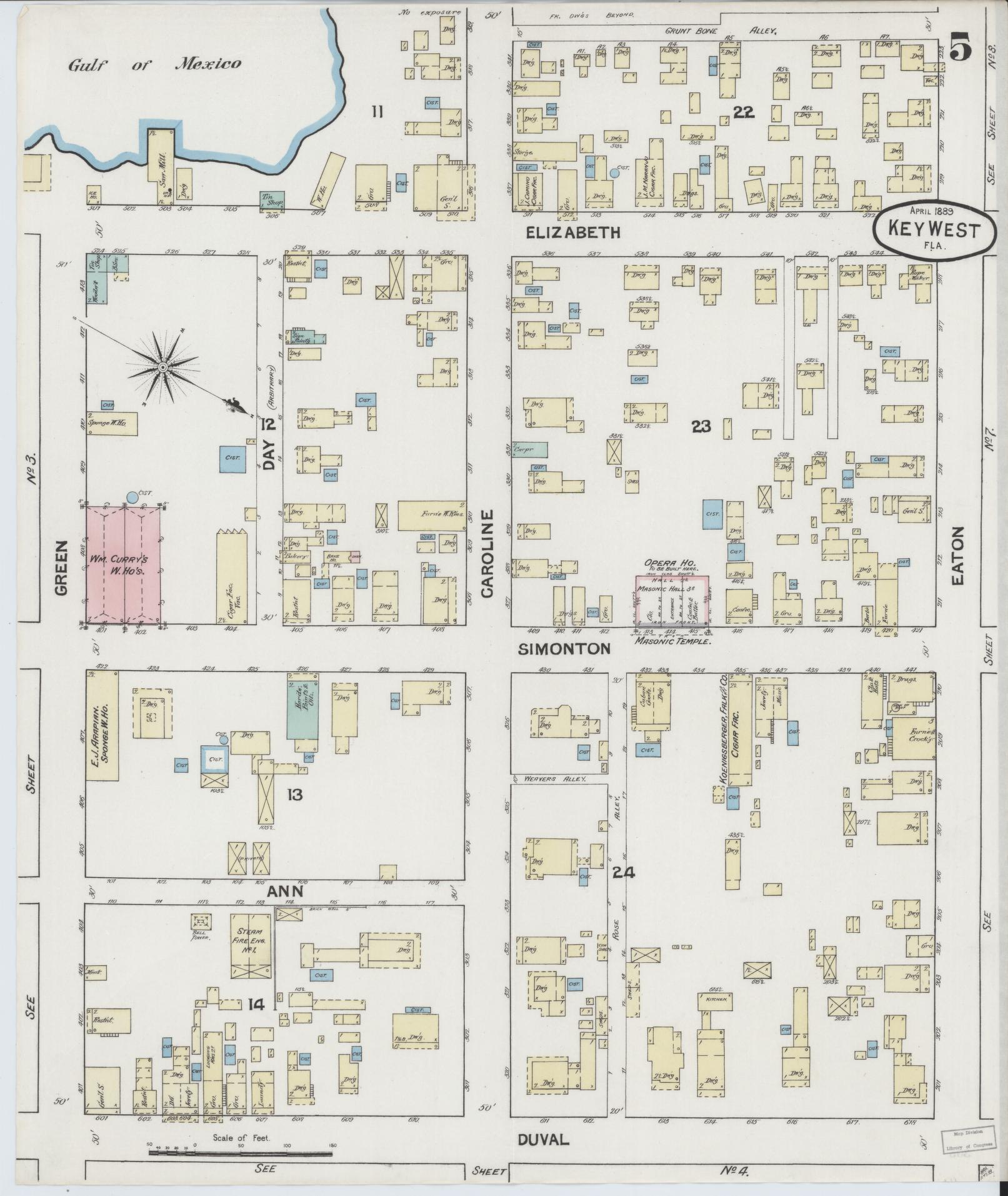 Sanborn Fire Insurance Map from Key West, Monroe County, Florida (1889), Sheet #0005 - Historic Sanborn Fire Insurance Map Print, vintage old map wall art, antique decor, genealogy gift, Florida Florida map