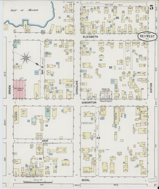 Sanborn Fire Insurance Map from Key West, Monroe County, Florida (1889), Sheet #0005 - Historic Sanborn Fire Insurance Map Print, vintage old map wall art, antique decor, genealogy gift, Florida Florida map