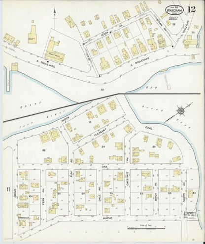 Sanborn Fire Insurance Map from Wareham, Plymouth County, Massachusetts (1912), Sheet #0012 - Historic Sanborn Fire Insurance Map Print, vintage old map wall art, antique decor, genealogy gift, Massachusetts Massachusetts map