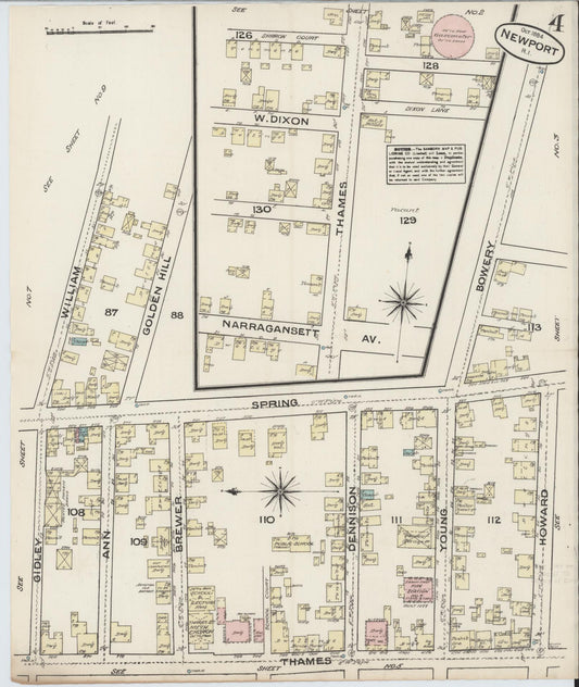 Sanborn Fire Insurance Map from Newport, Newport County, Rhode Island (1884), Sheet #0004 - Historic Sanborn Fire Insurance Map Print, vintage old map wall art, antique decor, genealogy gift, Rhode Island Rhode Island map
