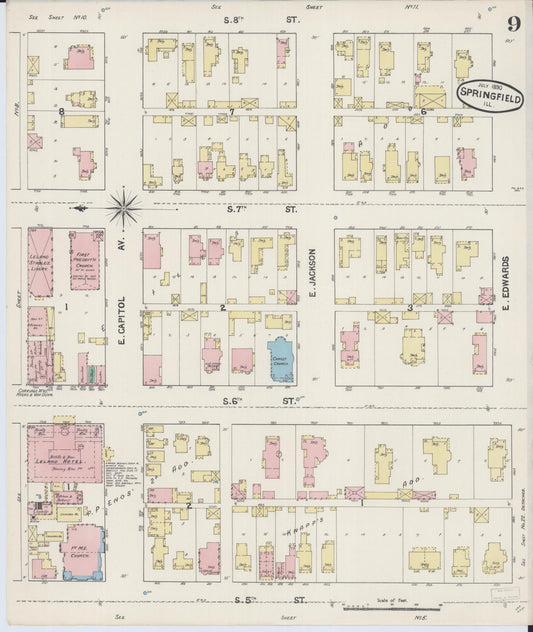 Sanborn Fire Insurance Map from Springfield, Sangamon County, Illinois (1890), Sheet #0009 - Historic Sanborn Fire Insurance Map Print, vintage old map wall art, antique decor, genealogy gift, Illinois Illinois map