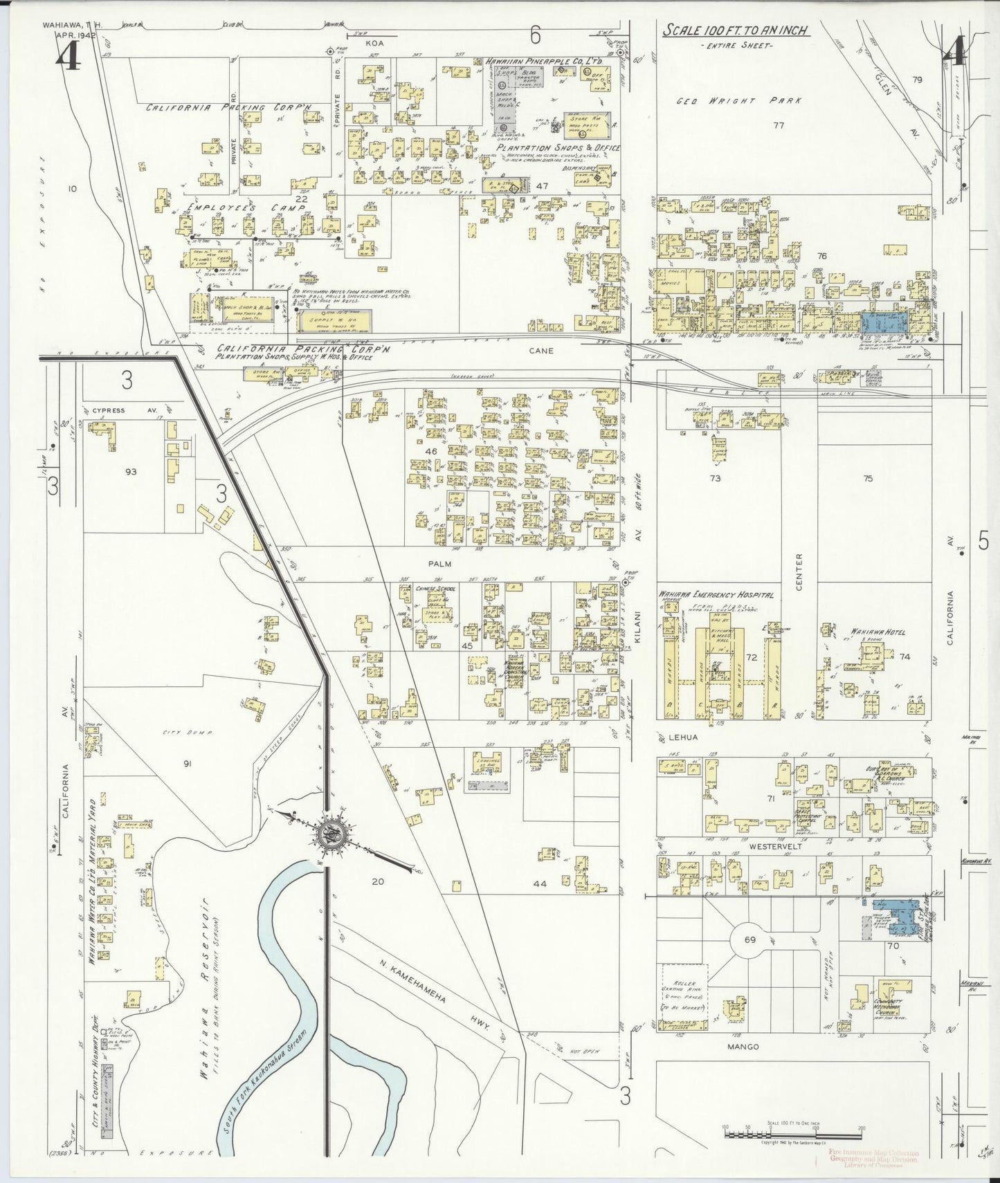 Sanborn Fire Insurance Map from Wahiawa, Honolulu County, Hawaii (1942), Sheet #0004 - Complete Map Set gallery image, historic Sanborn map, vintage wall art, Hawaii Hawaii